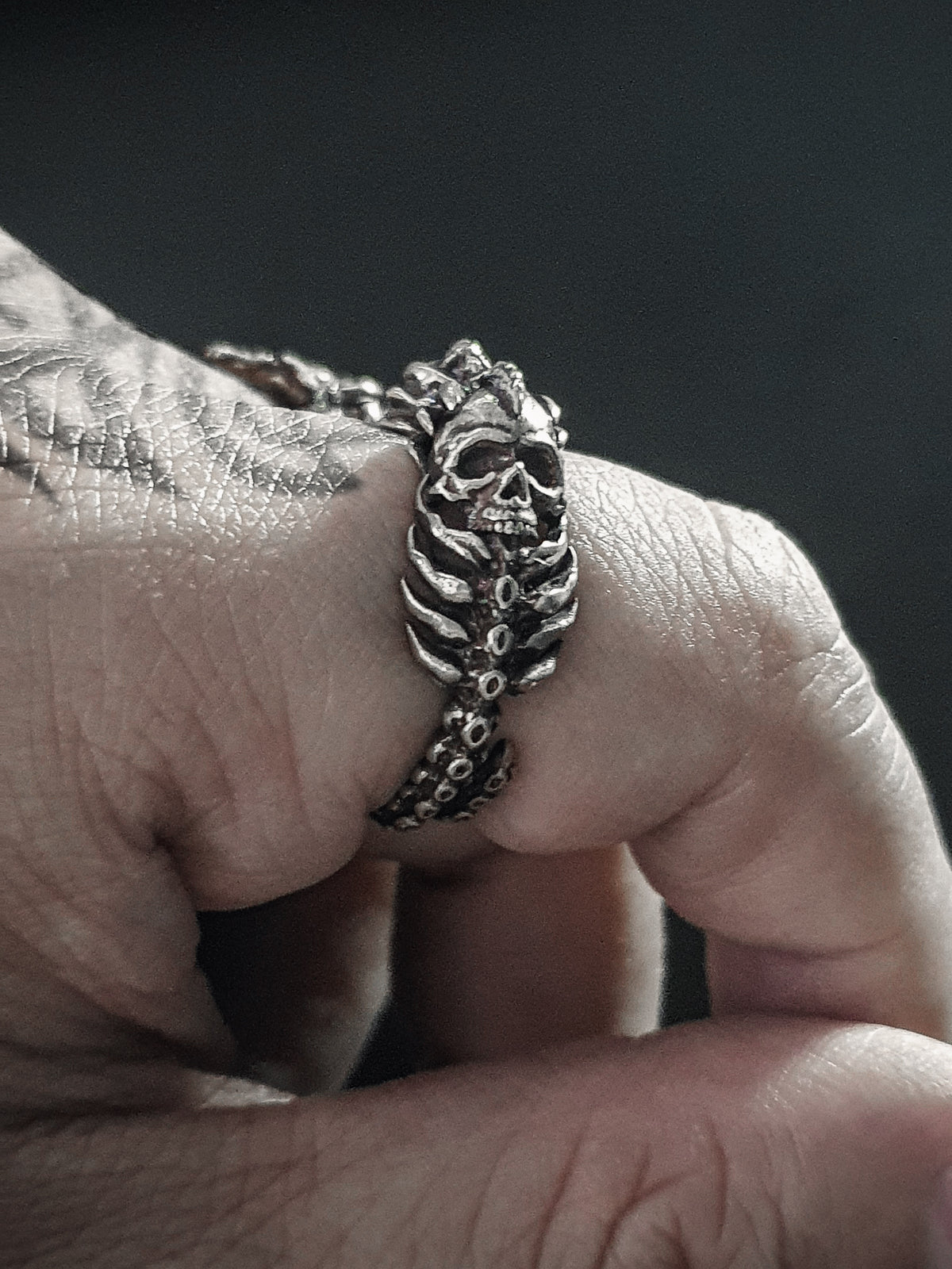 Skull Ring | Gothic Twin Skull Head Adjustable Ring with Ribcage