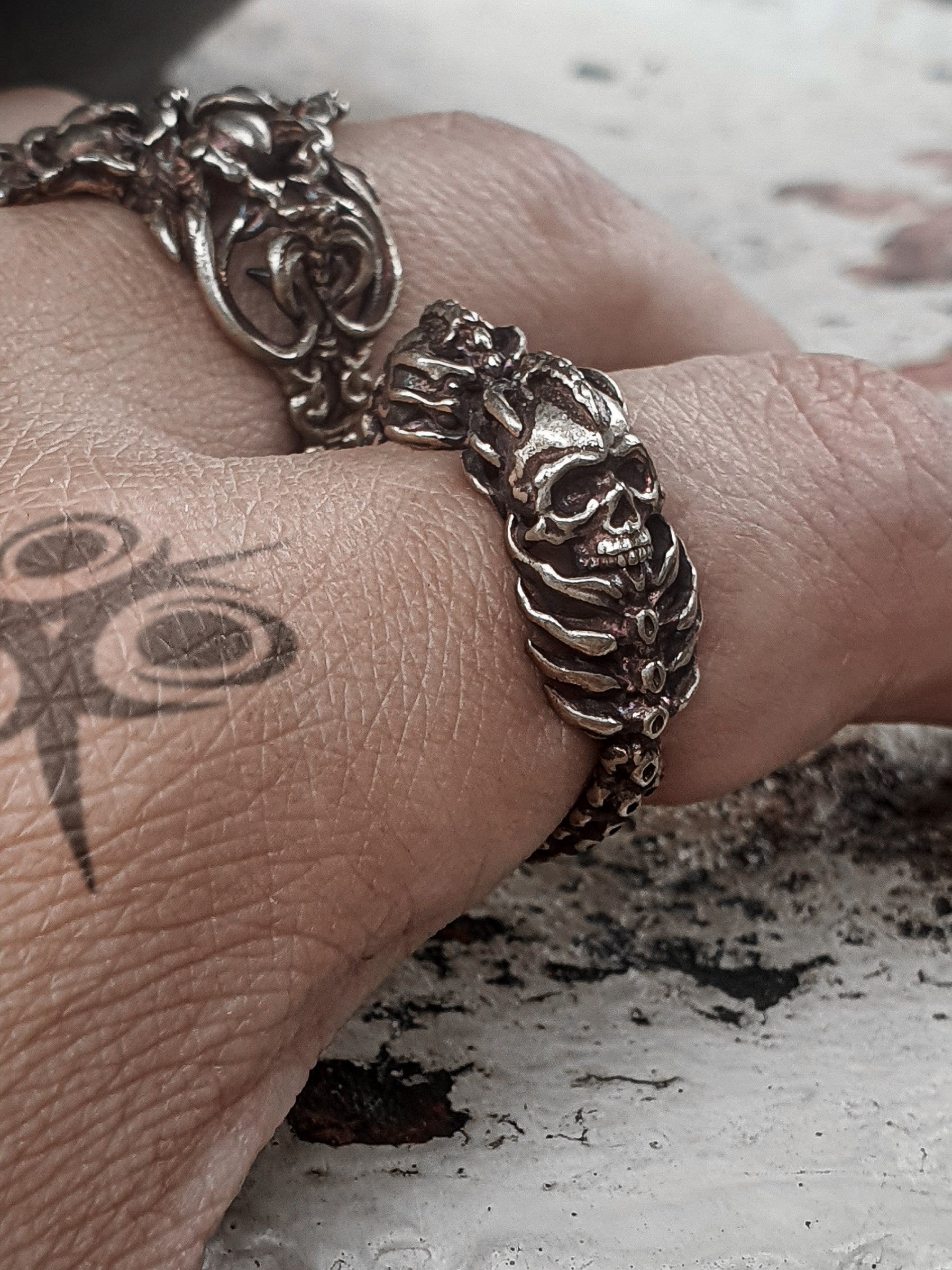 Skull Ring | Gothic Twin Skull Head Adjustable Ring with Ribcage