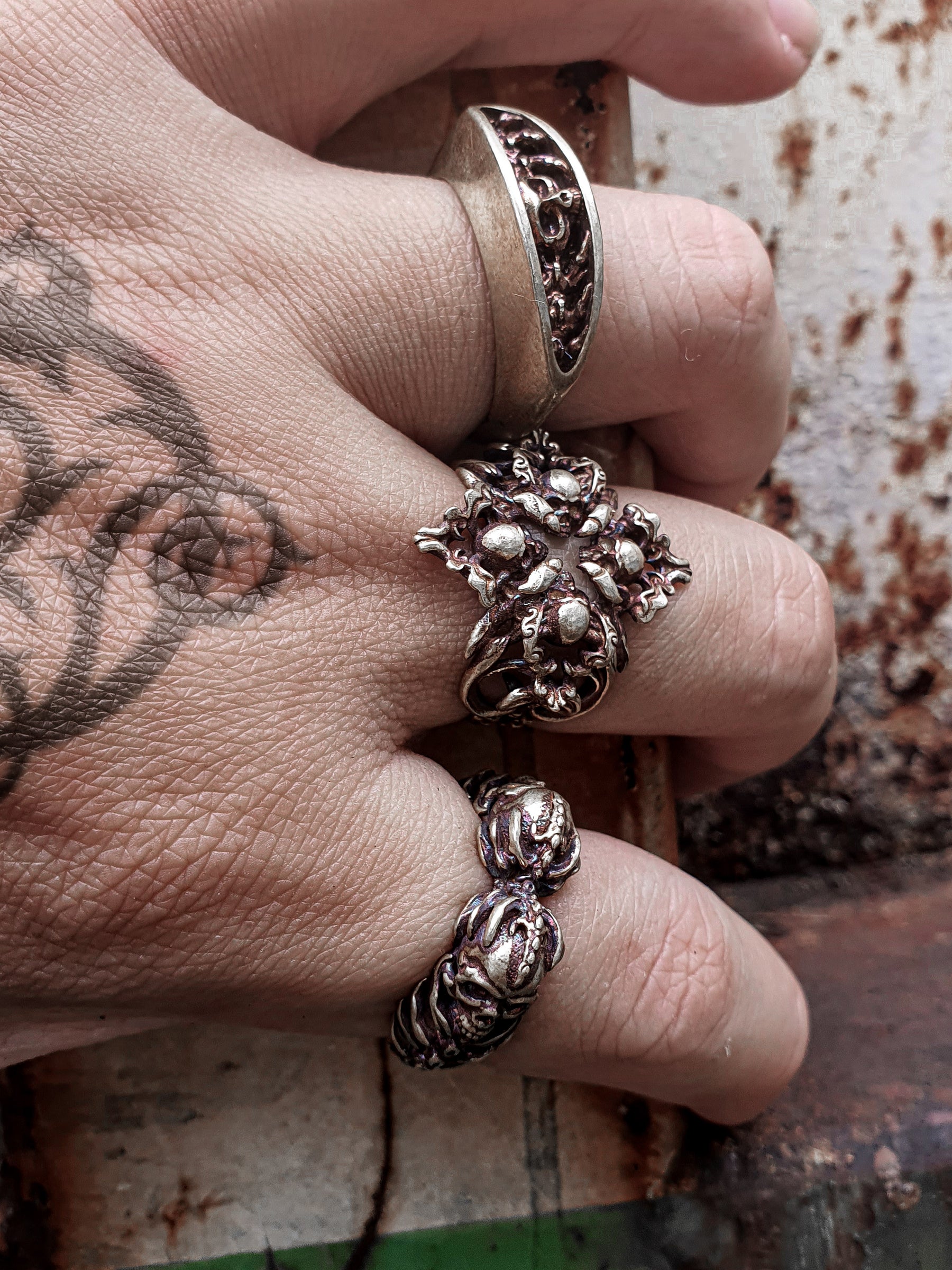 Skull Ring | Gothic Twin Skull Head Adjustable Ring with Ribcage