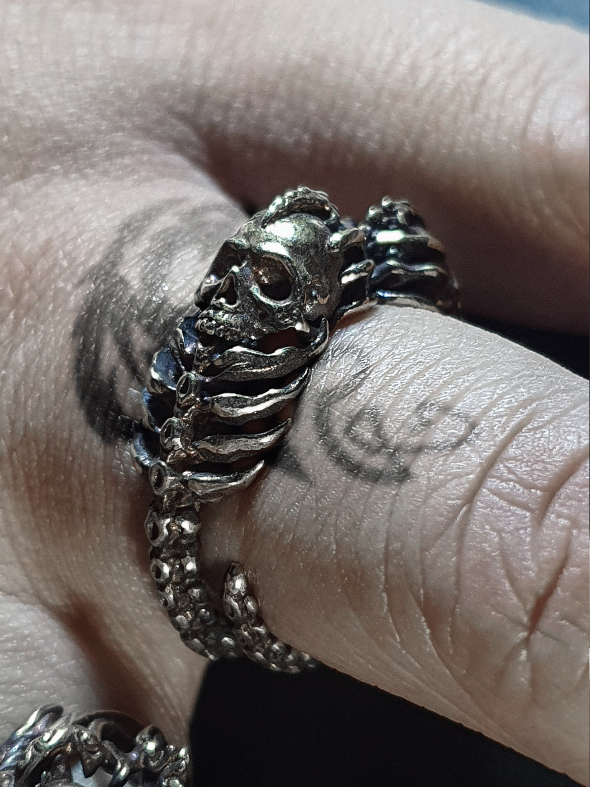 Skull Ring | Gothic Twin Skull Head Adjustable Ring with Ribcage
