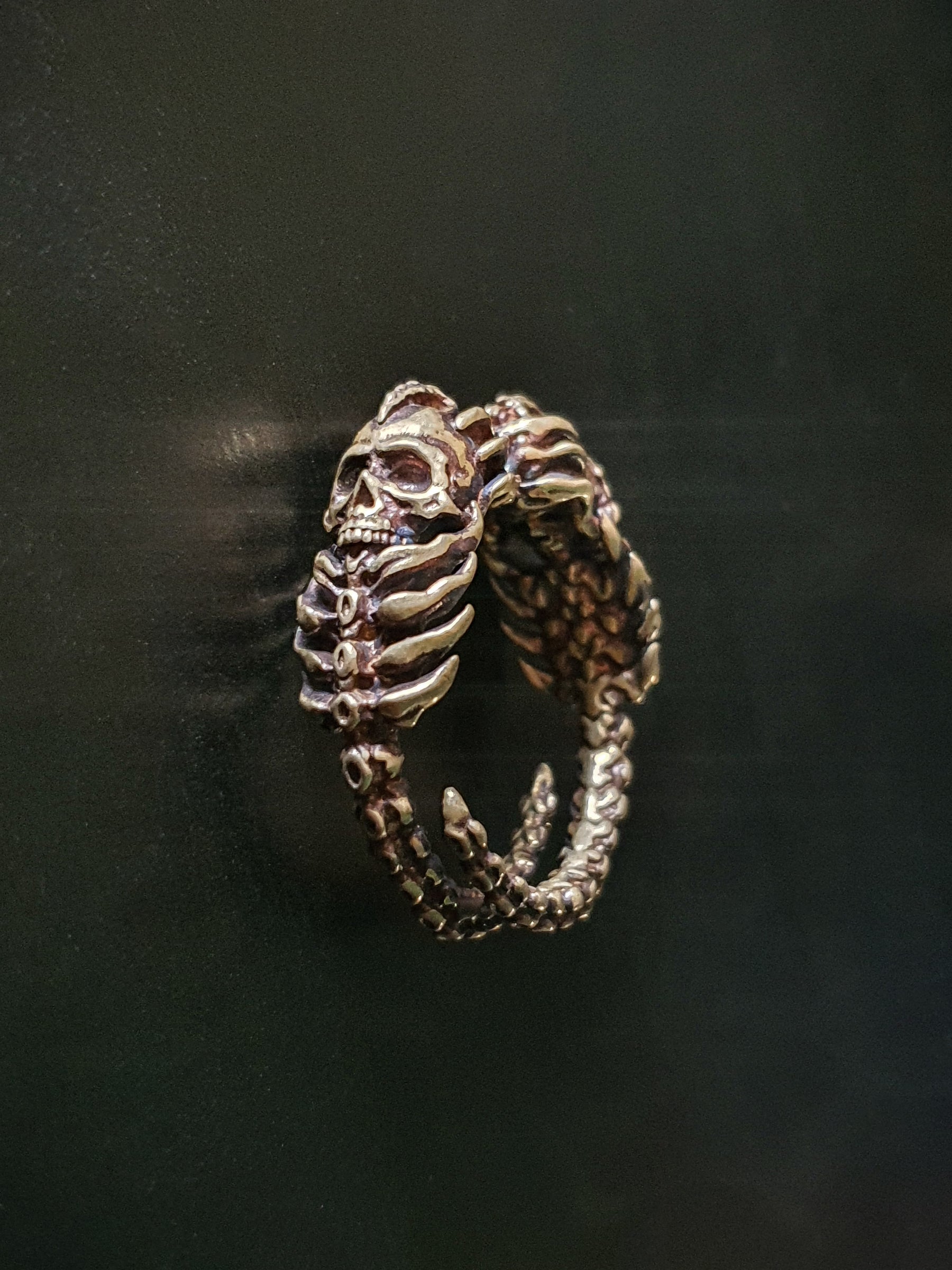 Skull Ring | Gothic Twin Skull Head Adjustable Ring with Ribcage